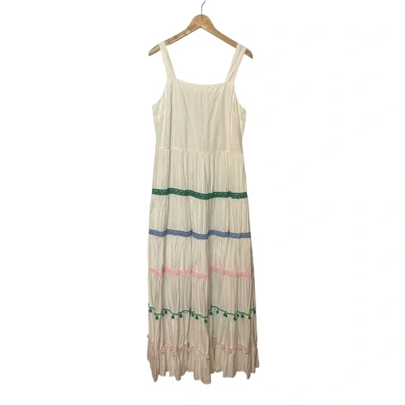 NWT Crown & Ivy White Tiered Maxi Dress with Colorful Pom Pom Trim - Size Large - Picture 10 of 10